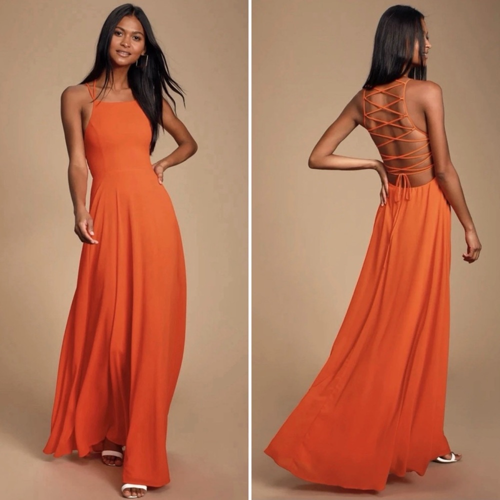 Lulus Strappy Orange Lace-Up Maxi Dress Open Back‎ Size S Small